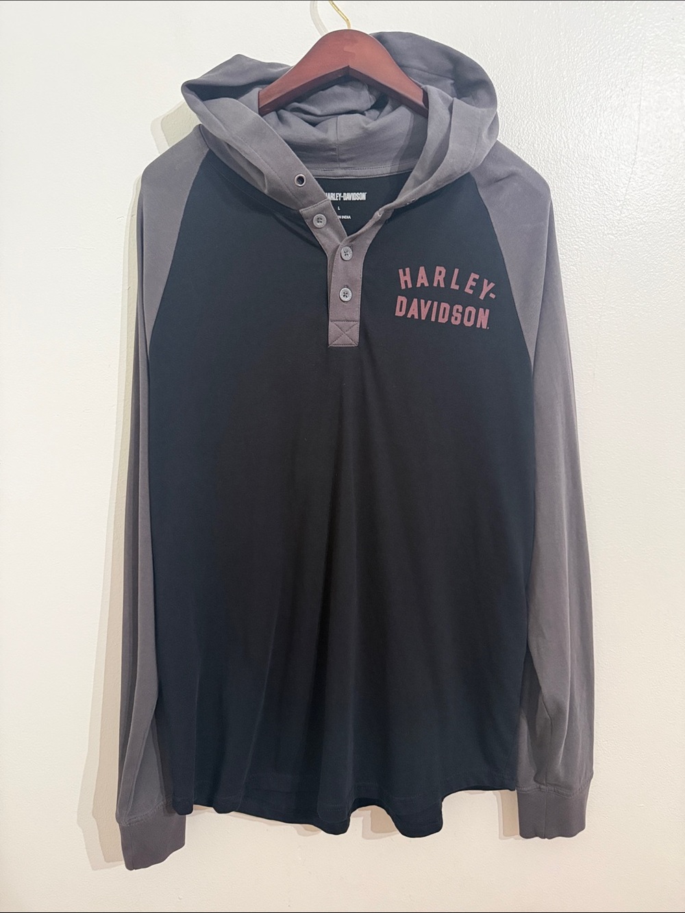 Harley Davidson Long Sleeve Henley Hooded Shirt Mens Large Black Biker